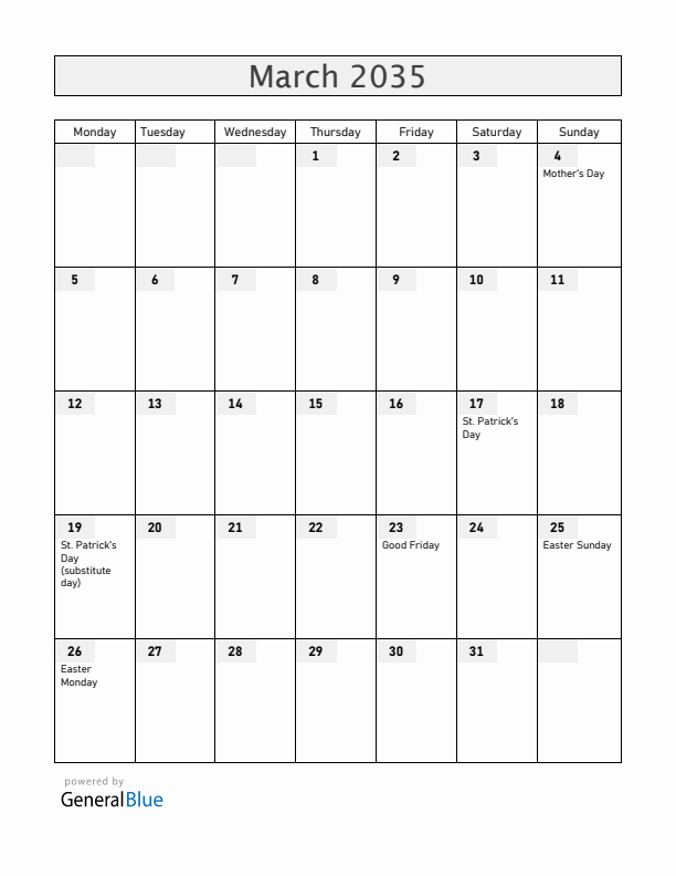 Ireland March 2035 Calendar with Holidays