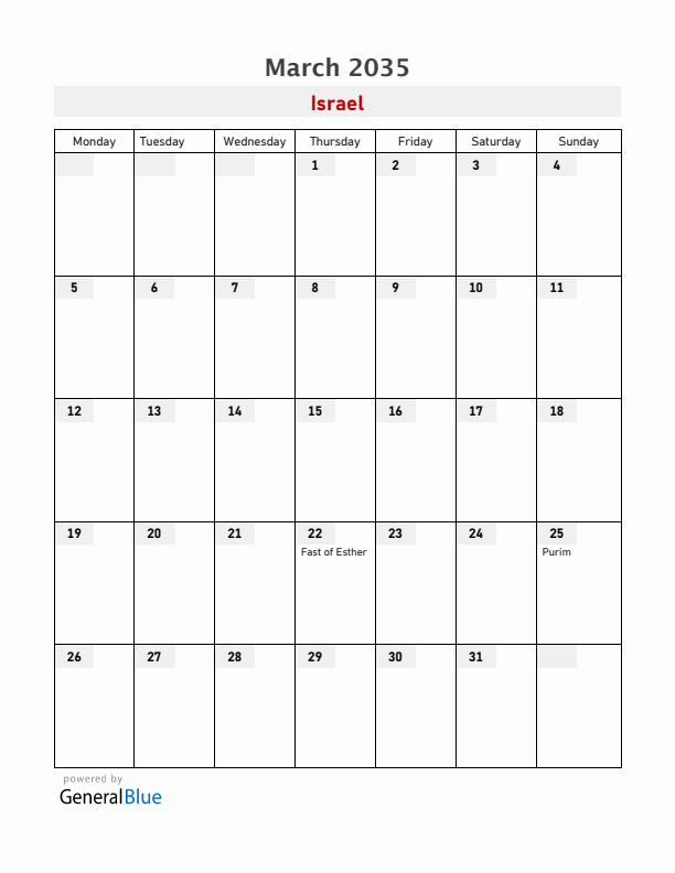 Israel March 2035 Calendar with Holidays