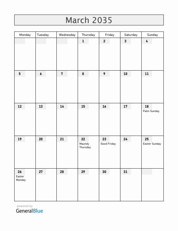 Iceland March 2035 Calendar with Holidays
