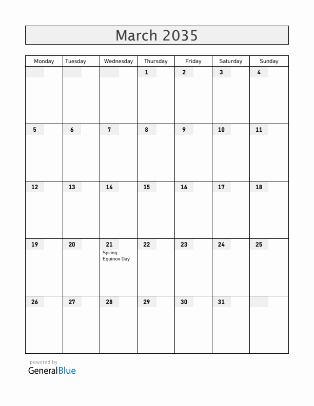 Japan March 2035 Calendar with Holidays