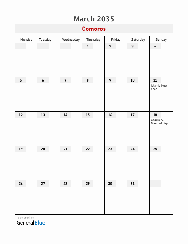 Comoros March 2035 Calendar with Holidays