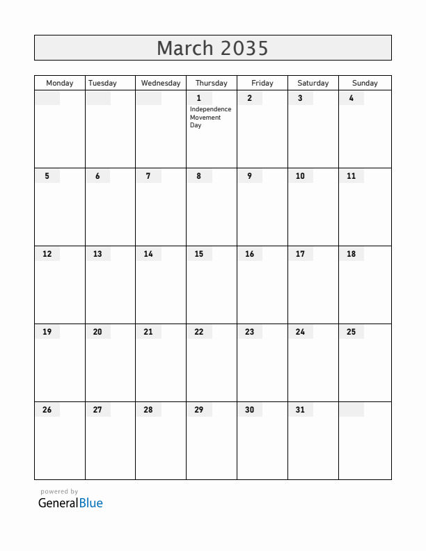 South Korea March 2035 Calendar with Holidays