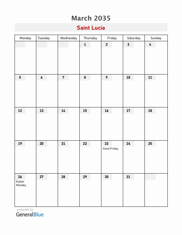 Saint Lucia March 2035 Calendar with Holidays