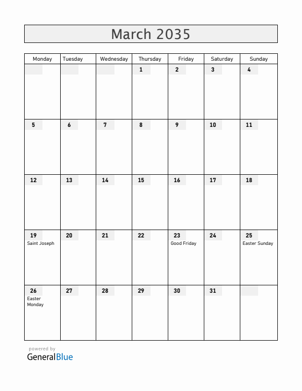 Liechtenstein March 2035 Calendar with Holidays
