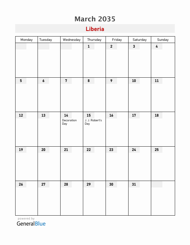 Liberia March 2035 Calendar with Holidays