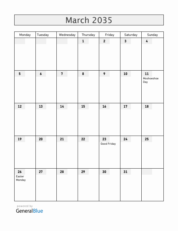 Lesotho March 2035 Calendar with Holidays