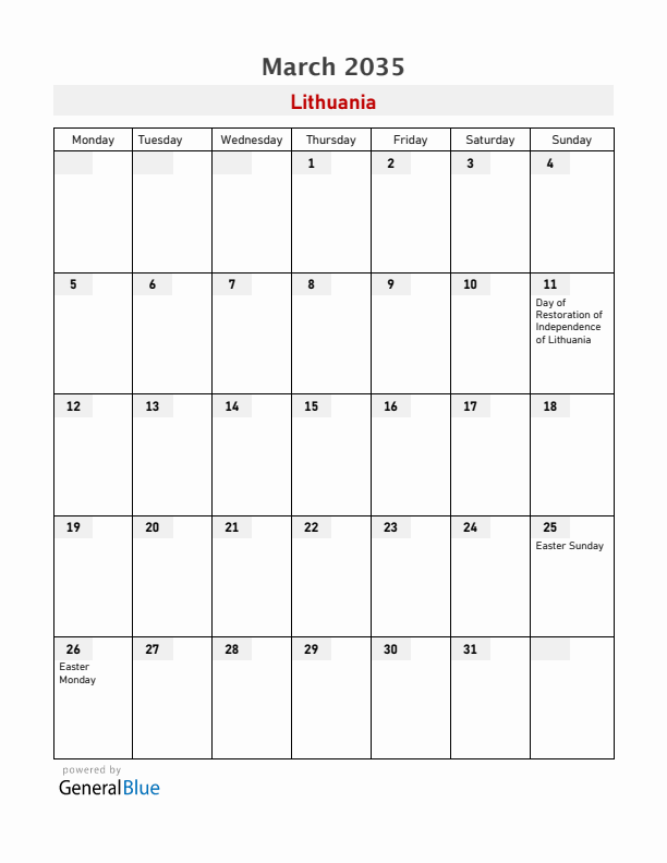 Lithuania March 2035 Calendar with Holidays