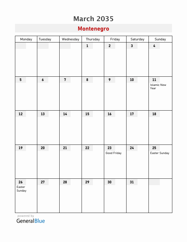 Montenegro March 2035 Calendar with Holidays