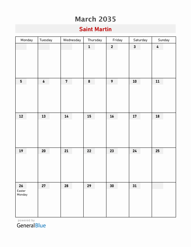 Saint Martin March 2035 Calendar with Holidays