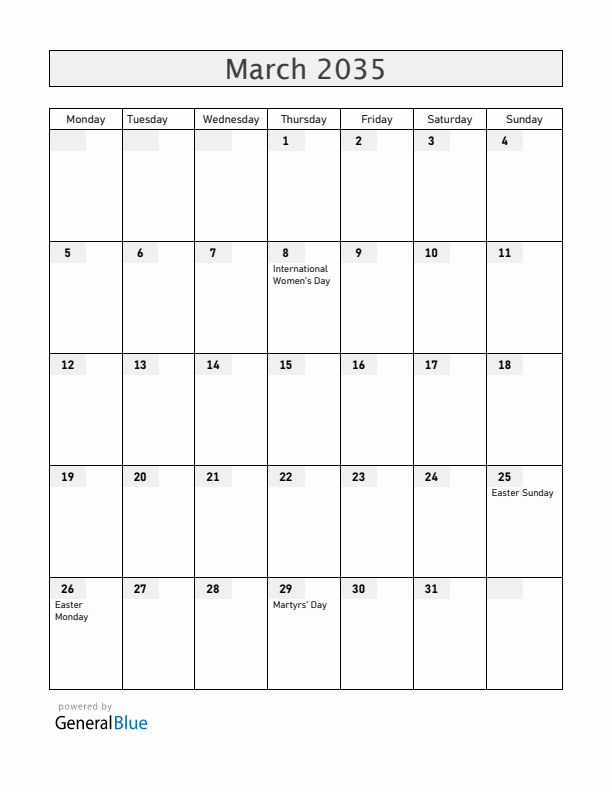 Madagascar March 2035 Calendar with Holidays