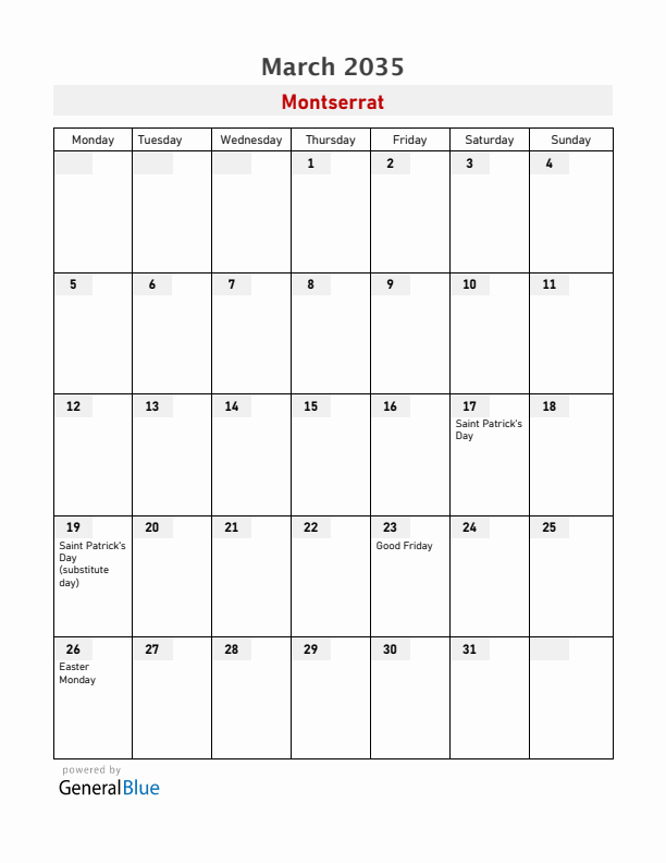 Montserrat March 2035 Calendar with Holidays