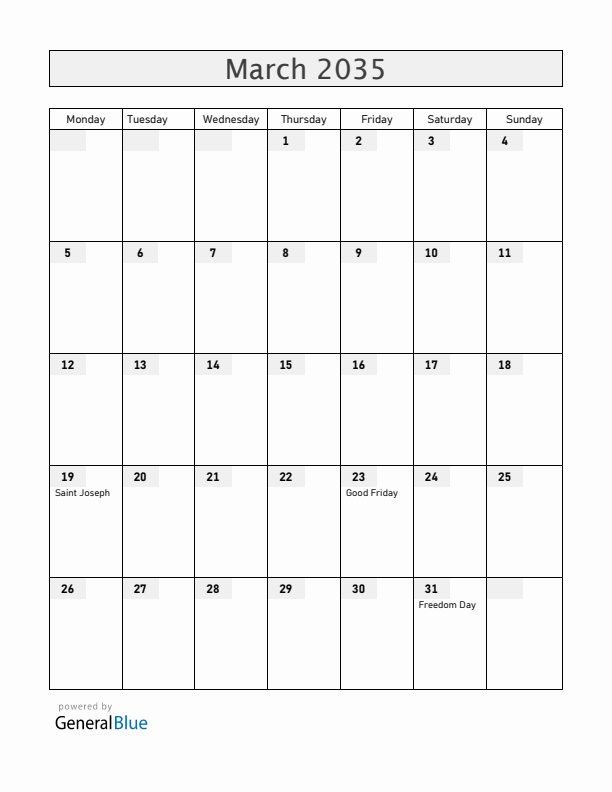 Malta March 2035 Calendar with Holidays
