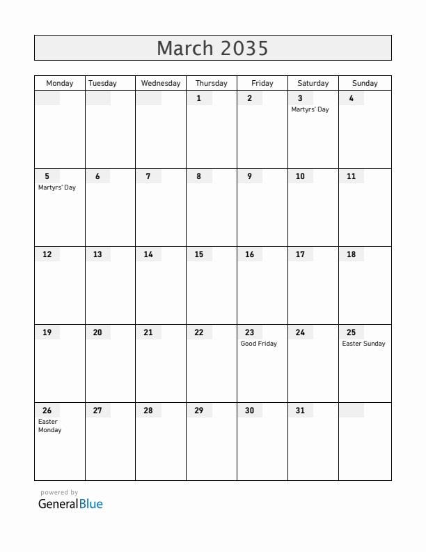 Malawi March 2035 Calendar with Holidays