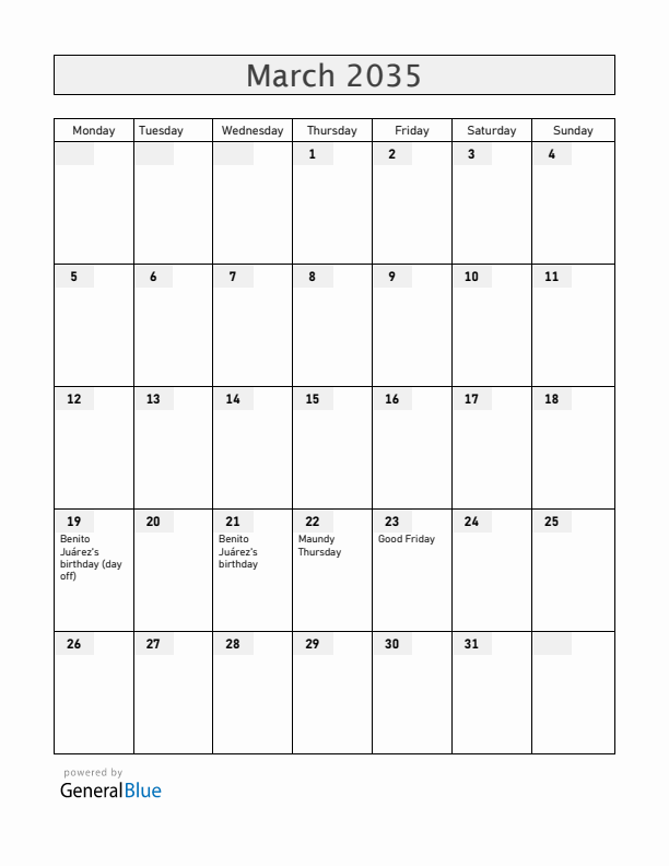 Mexico March 2035 Calendar with Holidays