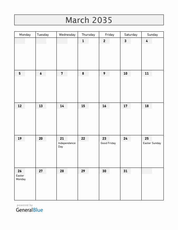 Namibia March 2035 Calendar with Holidays