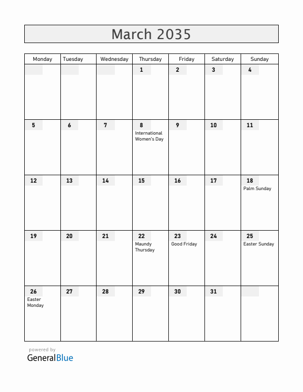 Norway March 2035 Calendar with Holidays
