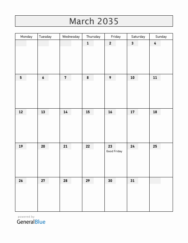 Panama March 2035 Calendar with Holidays