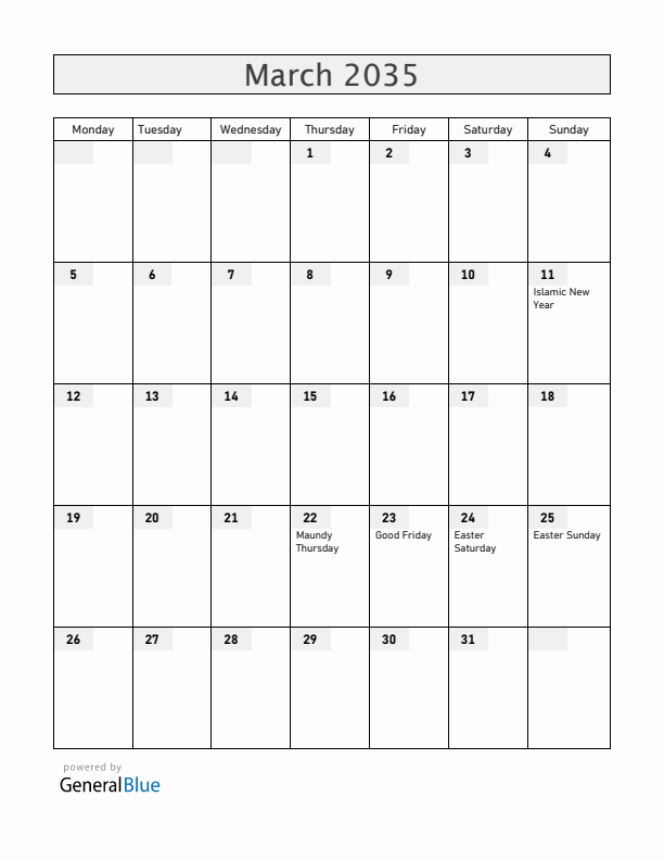 Philippines March 2035 Calendar with Holidays