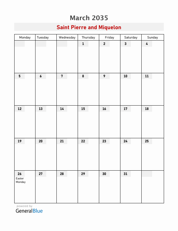 Saint Pierre and Miquelon March 2035 Calendar with Holidays
