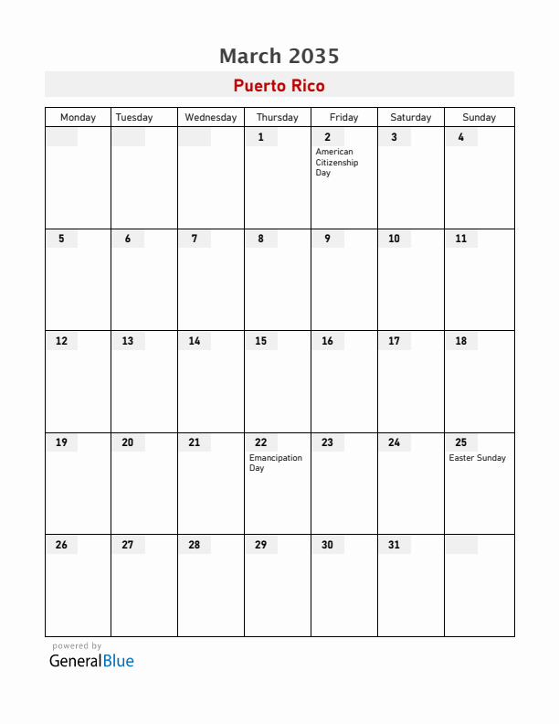 Puerto Rico March 2035 Calendar with Holidays