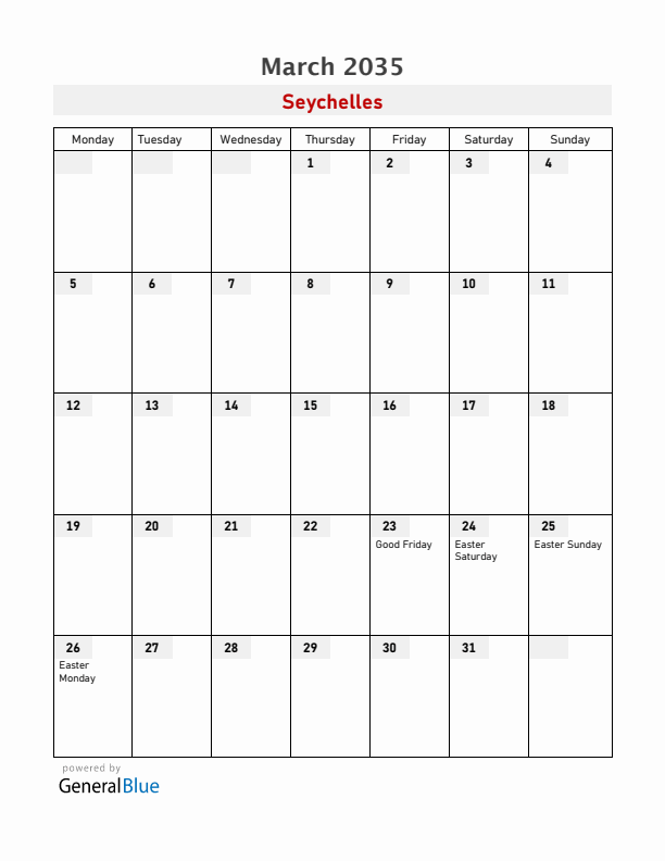 Seychelles March 2035 Calendar with Holidays