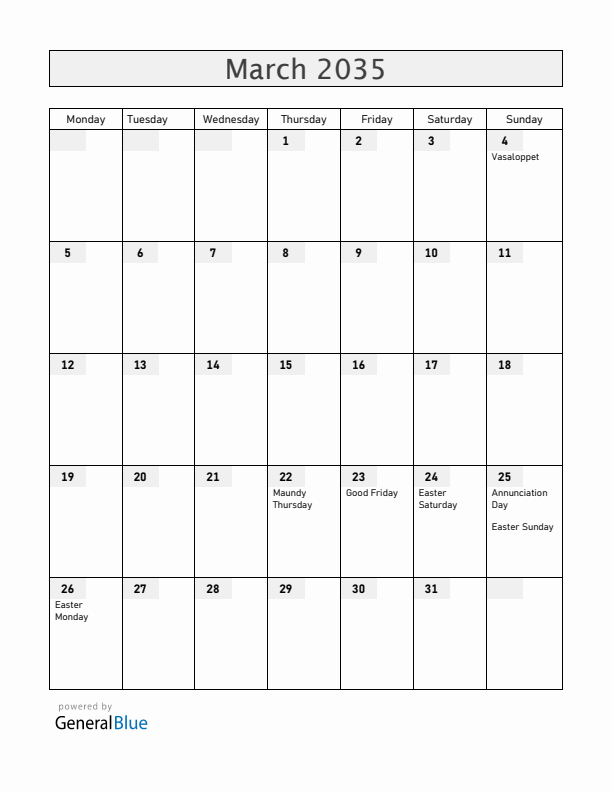 Sweden March 2035 Calendar with Holidays