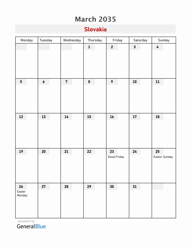Slovakia March 2035 Calendar with Holidays