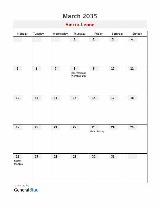 Sierra Leone March 2035 Calendar with Holidays