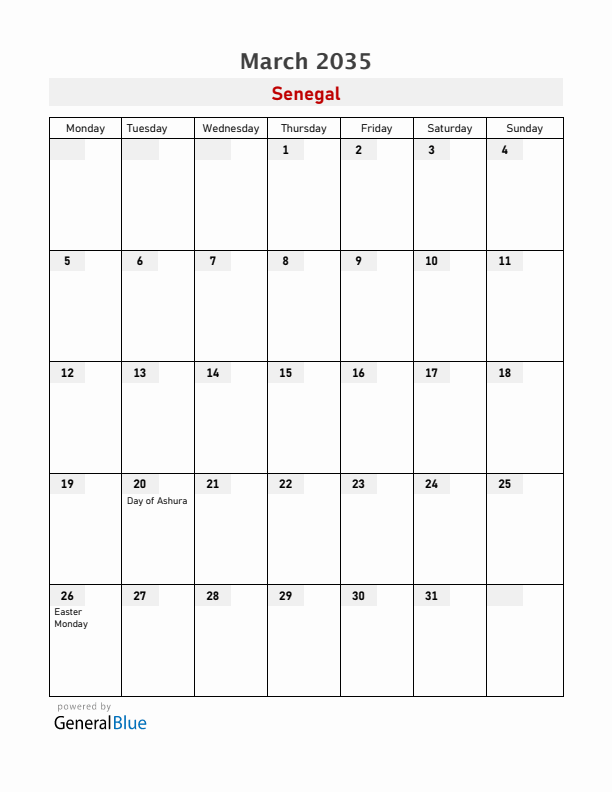 Senegal March 2035 Calendar with Holidays