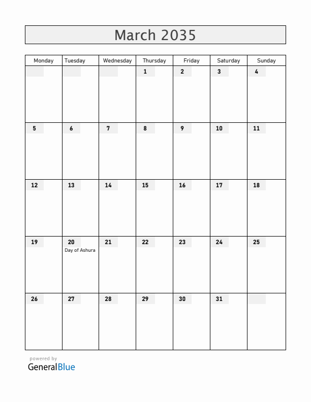 Somalia March 2035 Calendar with Holidays