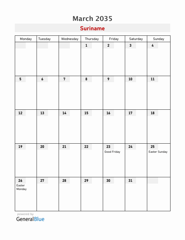 Suriname March 2035 Calendar with Holidays