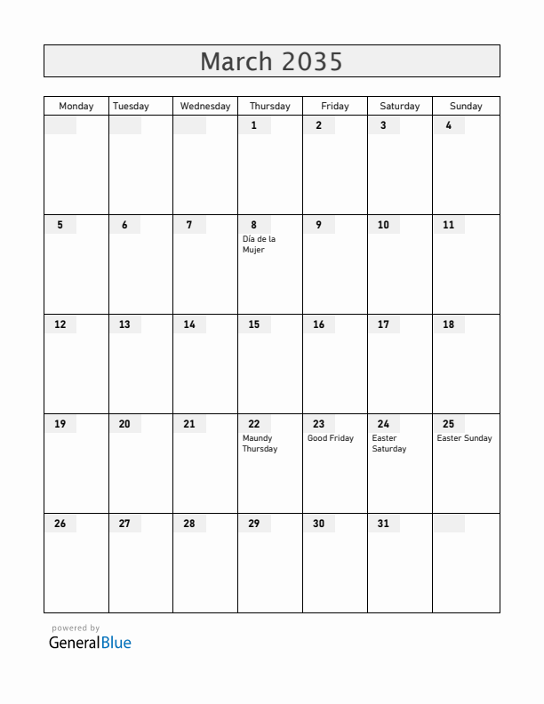El Salvador March 2035 Calendar with Holidays