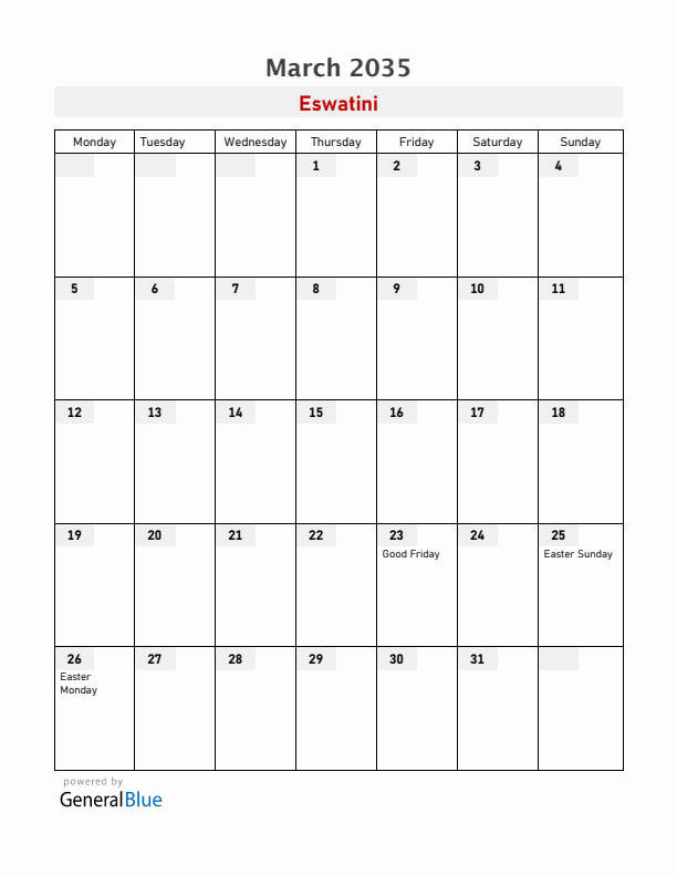 Eswatini March 2035 Calendar with Holidays