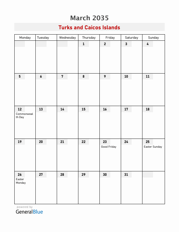 Turks and Caicos Islands March 2035 Calendar with Holidays