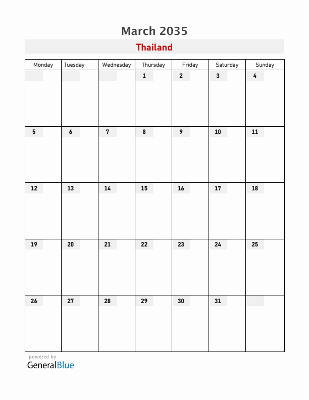 Thailand March 2035 Calendar with Holidays