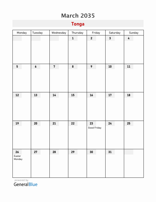 Tonga March 2035 Calendar with Holidays