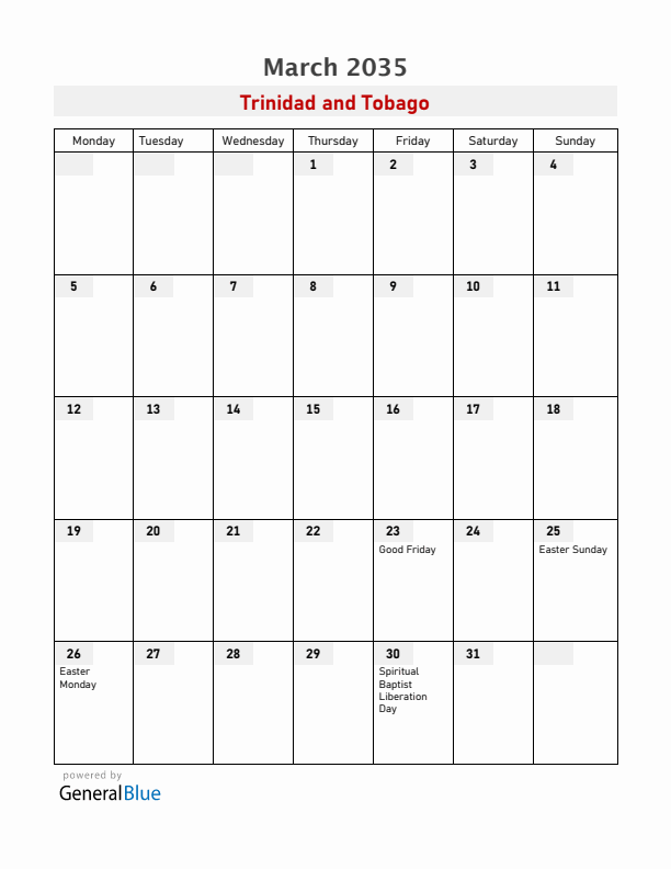 Trinidad and Tobago March 2035 Calendar with Holidays