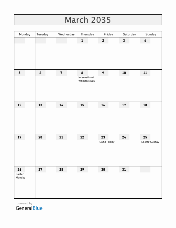 Uganda March 2035 Calendar with Holidays
