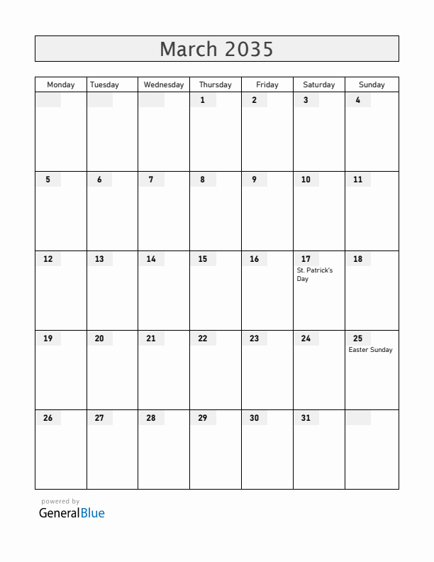 United States March 2035 Calendar with Holidays