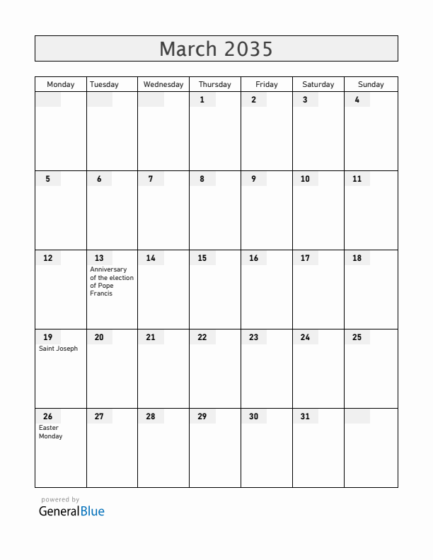 Vatican March 2035 Calendar with Holidays