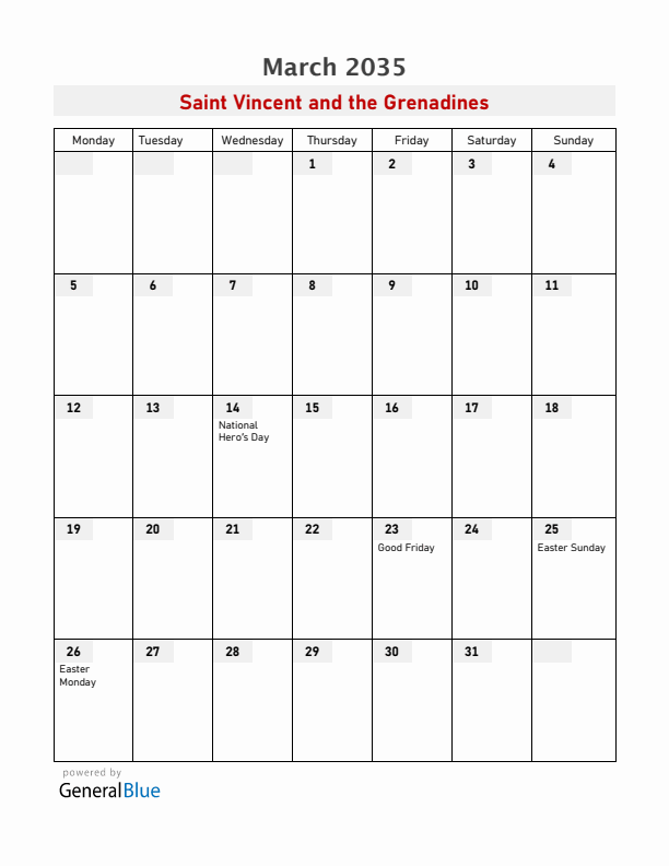 Saint Vincent and the Grenadines March 2035 Calendar with Holidays