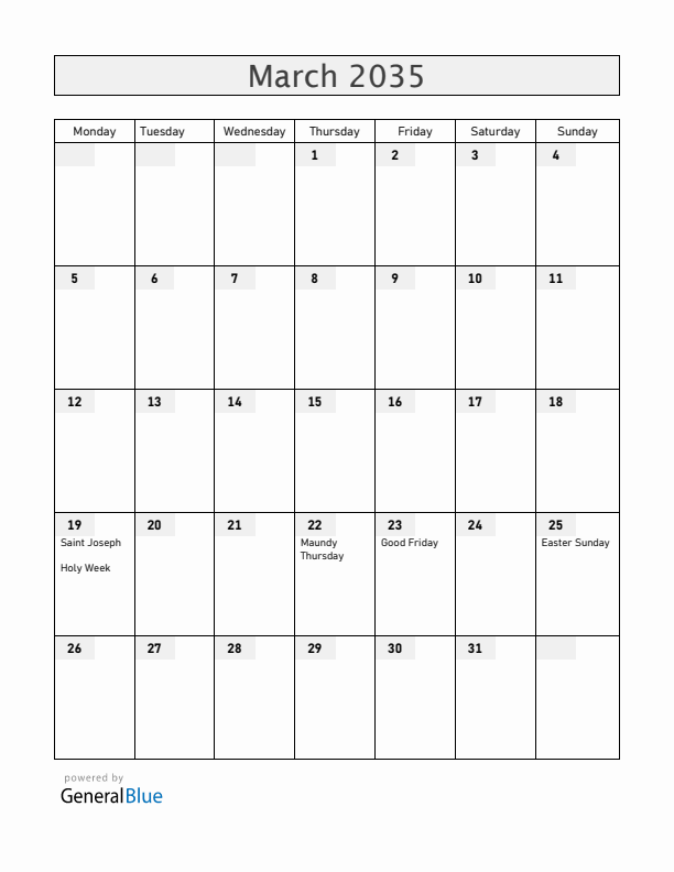 Venezuela March 2035 Calendar with Holidays