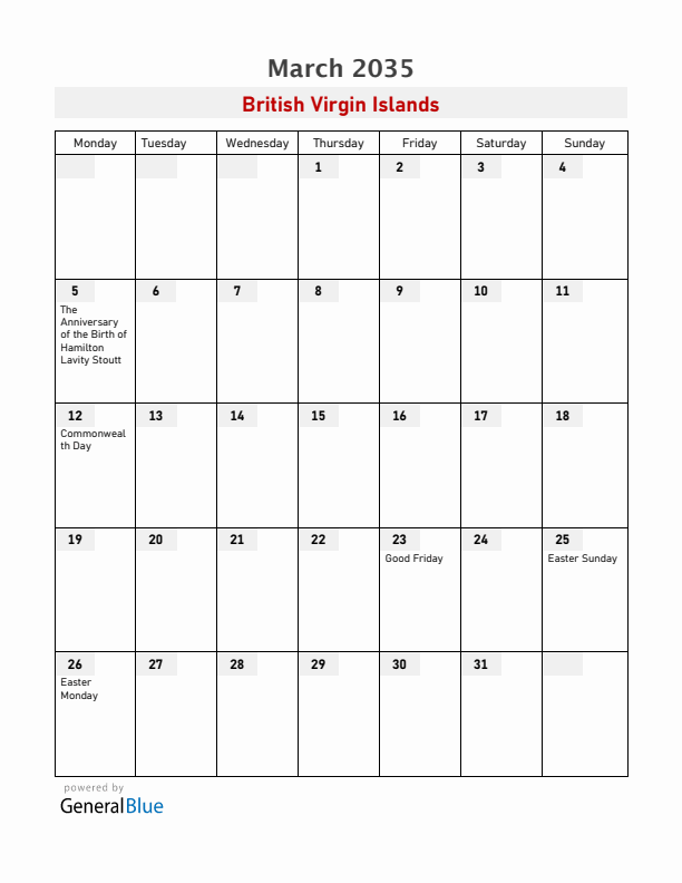 British Virgin Islands March 2035 Calendar with Holidays
