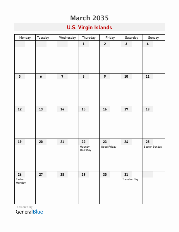 U.S. Virgin Islands March 2035 Calendar with Holidays