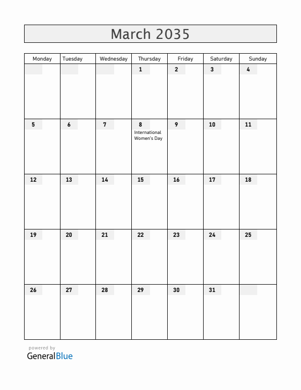 Vietnam March 2035 Calendar with Holidays