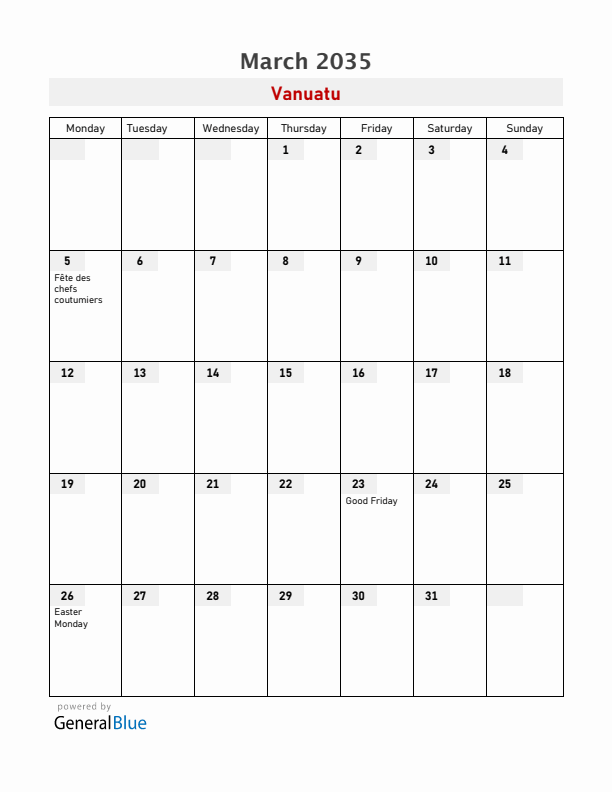 Vanuatu March 2035 Calendar with Holidays