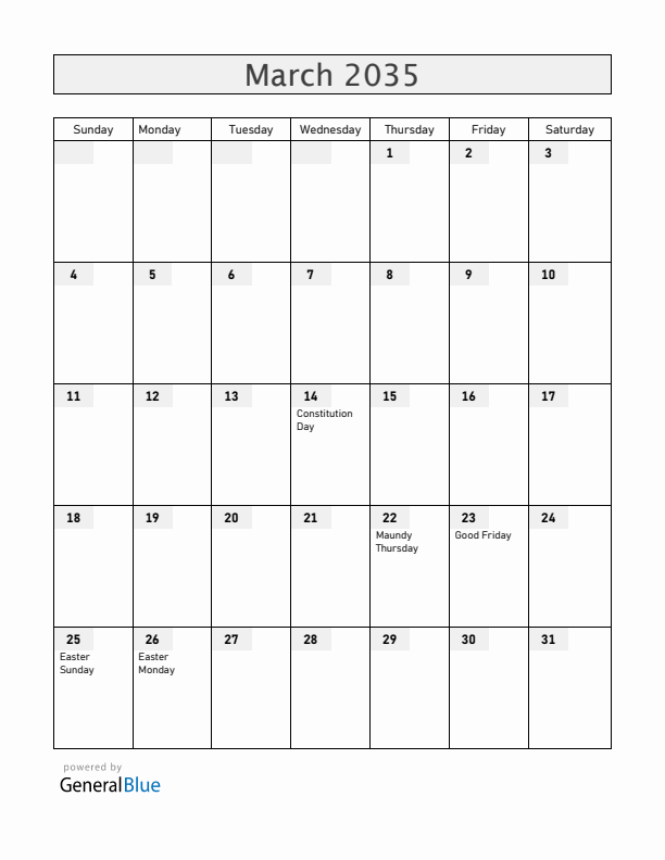 Andorra March 2035 Calendar with Holidays