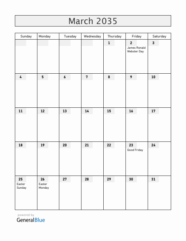 Anguilla March 2035 Calendar with Holidays