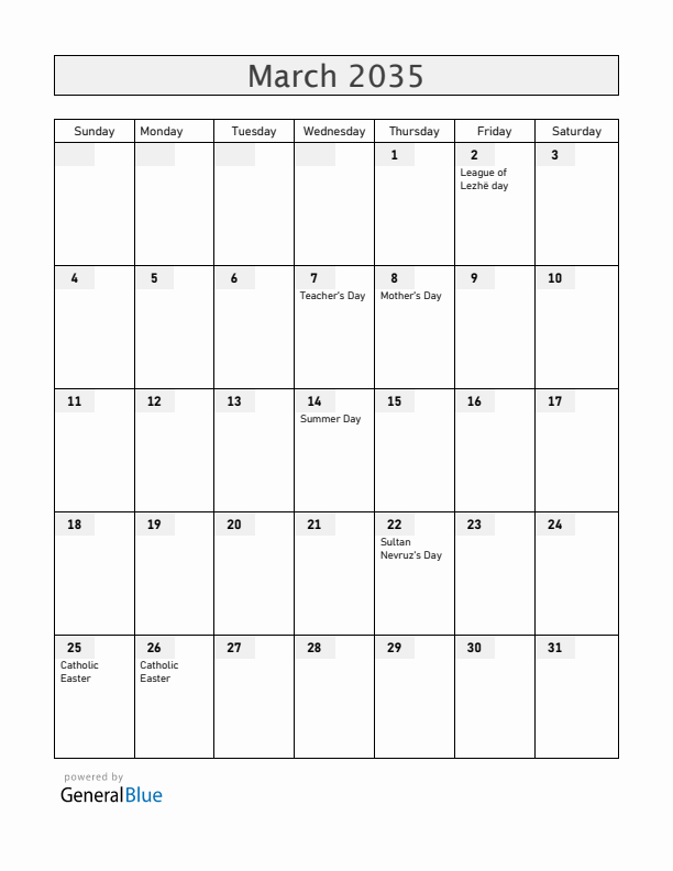 Albania March 2035 Calendar with Holidays