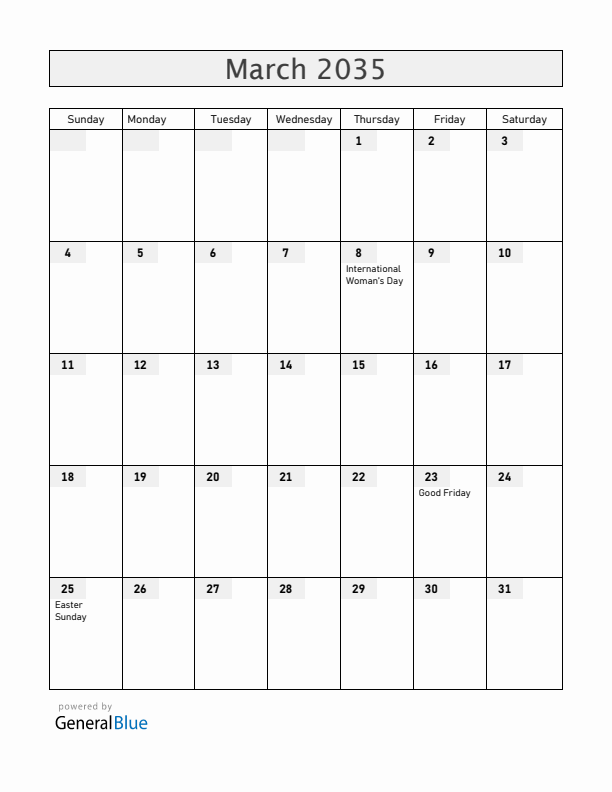 Angola March 2035 Calendar with Holidays
